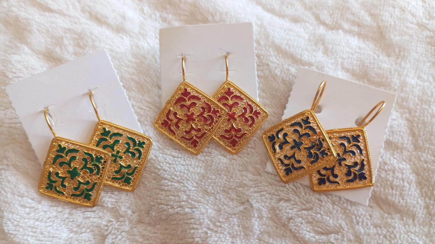 Gold-Vermeil Filigree Handpainted Enamel Tile Inspired Earrings