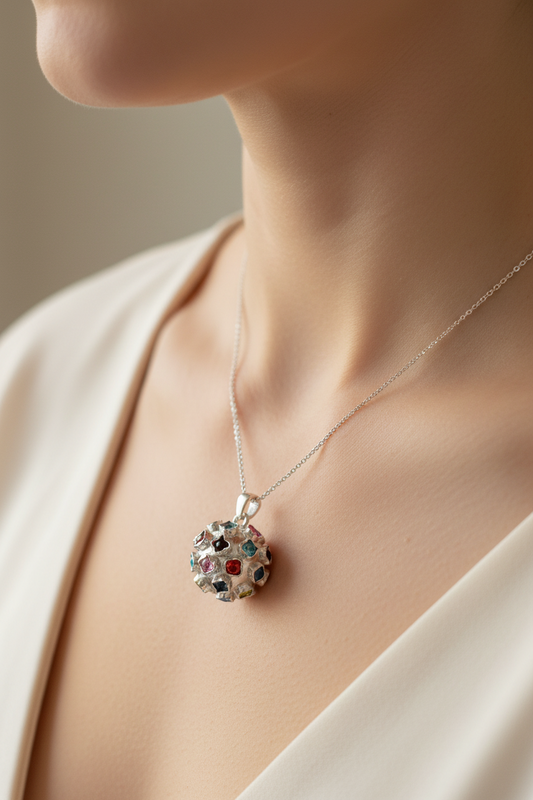 925 Sterling Silver Portuguese Pendant Vintage Style Medallion Mina Multicolor Stone Charm Handmade Portugal