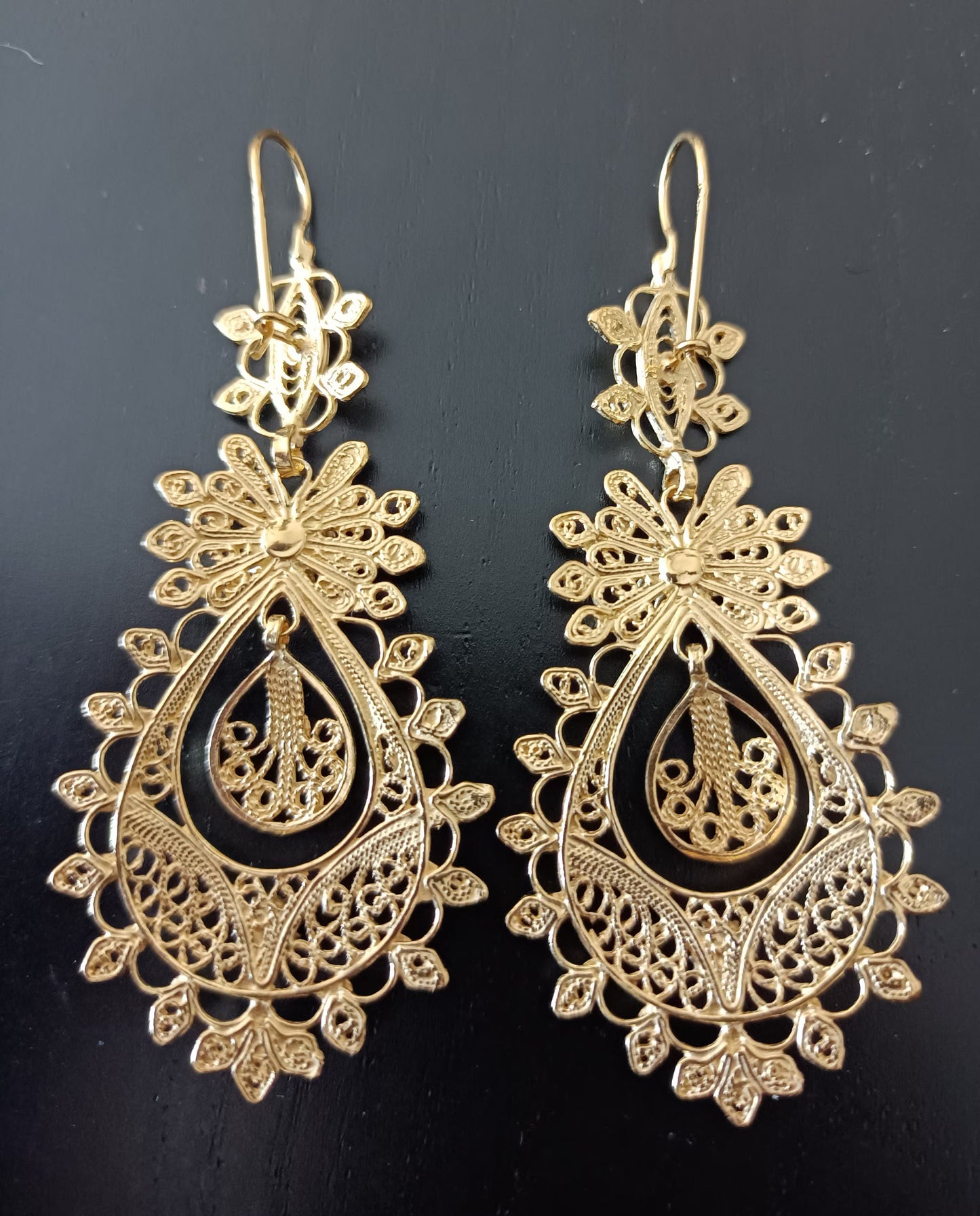 Traditional Portuguese Princess Filigree Earrings in Gold-Vermeil, Maxi Size