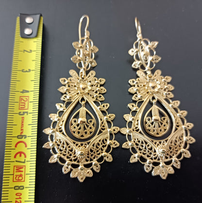 Traditional Portuguese Princess Filigree Earrings in Gold-Vermeil, Maxi Size