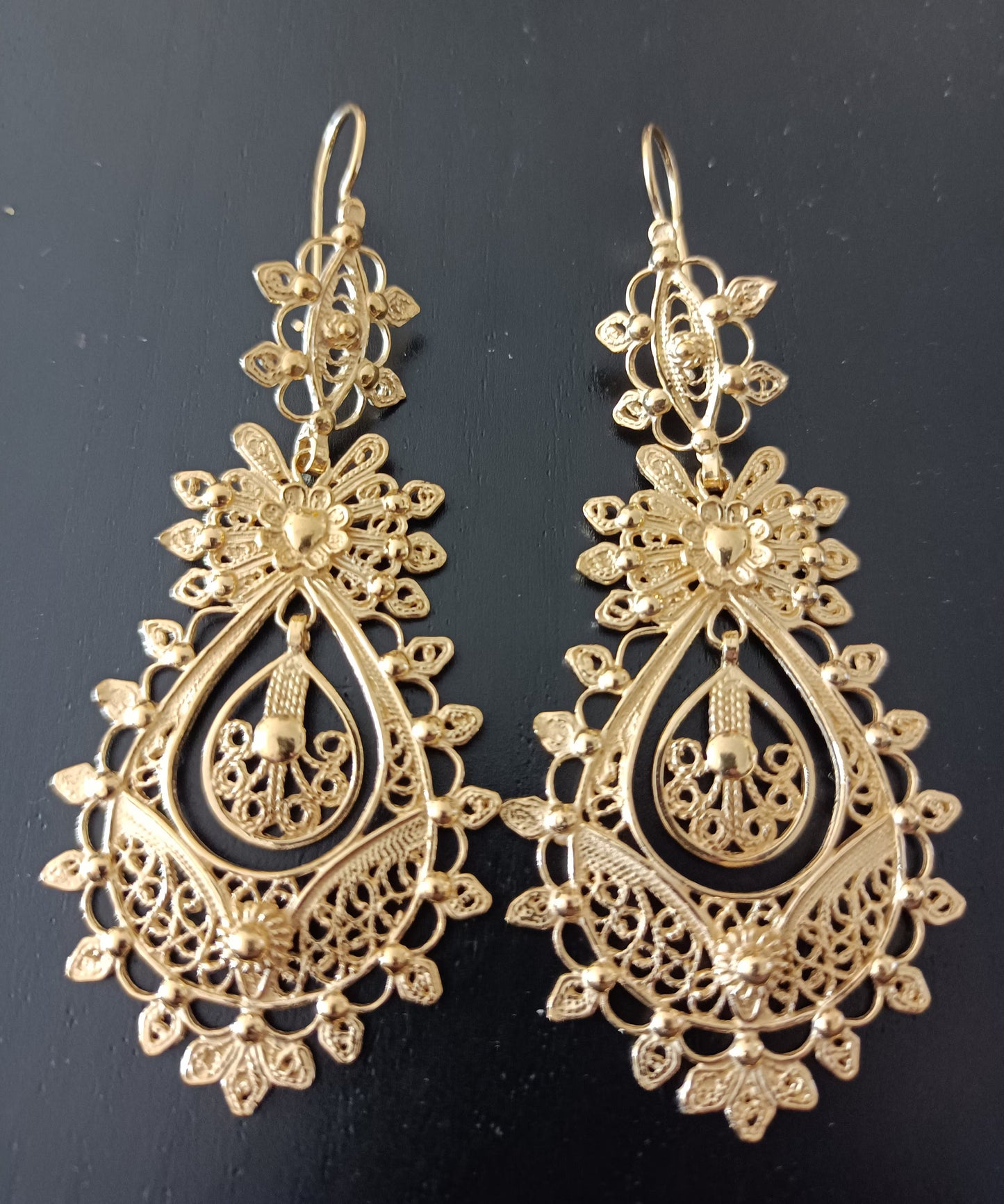 Traditional Portuguese Princess Filigree Earrings in Gold-Vermeil, Maxi Size