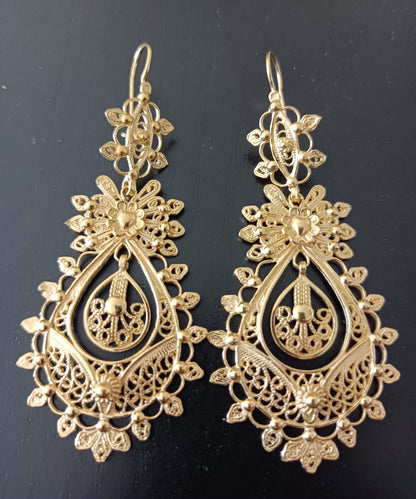 Traditional Portuguese Princess Filigree Earrings in Gold-Vermeil, Maxi Size