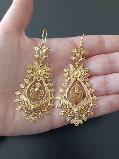 Traditional Portuguese Princess Filigree Earrings in Gold-Vermeil, Maxi Size