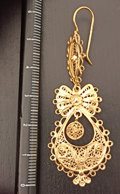 Traditional Portuguese “Princesa” Filigree Earrings in Gold-Vermeil, Medium Size