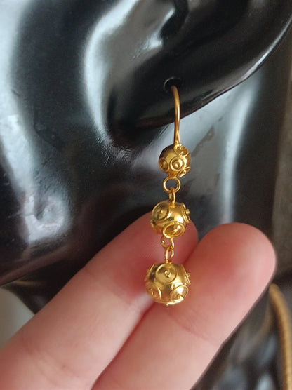 Portuguese Vintage Style Filigree 3 Dangling "Viana Beads" in Gold-Vermeil Silver
