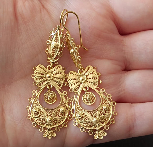 Traditional Portuguese “Princesa” Filigree Earrings in Gold-Vermeil, Medium Size