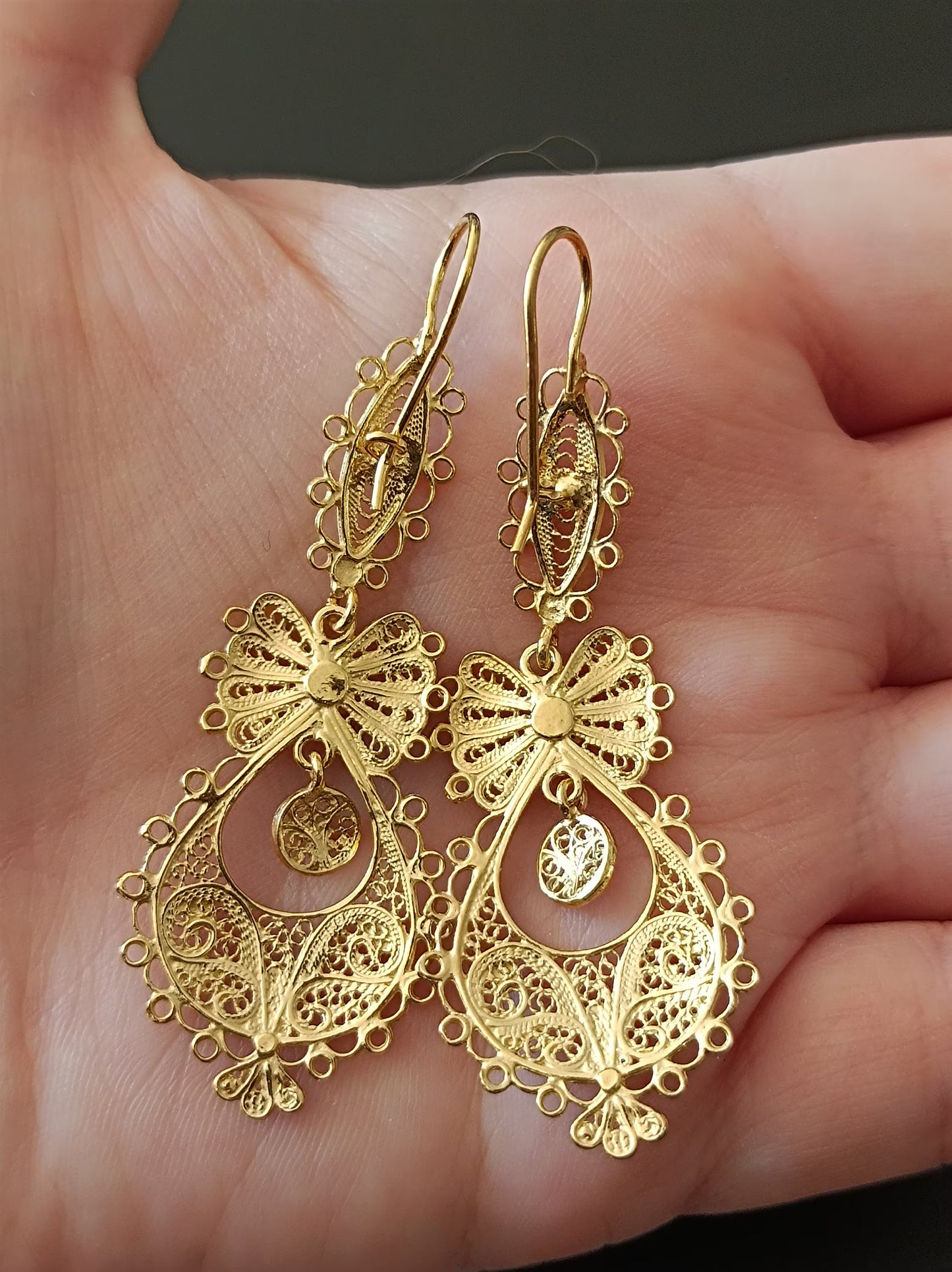 Traditional Portuguese “Princesa” Filigree Earrings in Gold-Vermeil, Medium Size