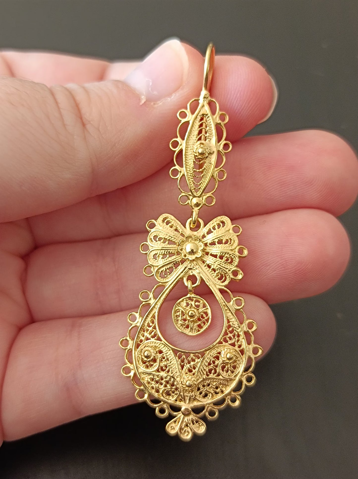 Traditional Portuguese “Princesa” Filigree Earrings in Gold-Vermeil, Medium Size