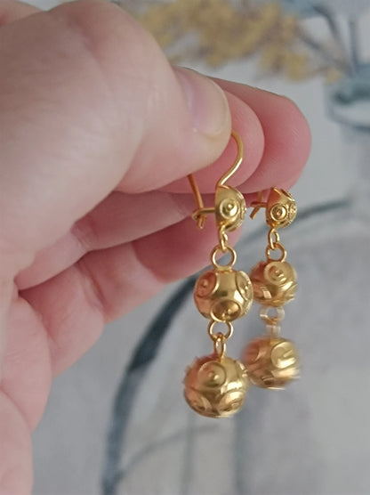 Portuguese Vintage Style Filigree 3 Dangling "Viana Beads" in Gold-Vermeil Silver