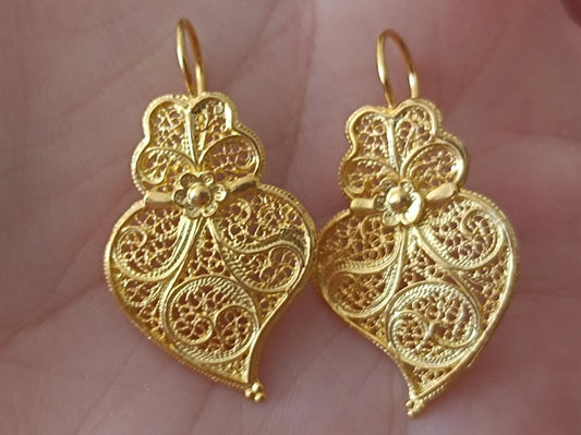 Portuguese Filigree Viana Heart Portuguese Gold Vermeil Silver Earrings Gift for Her