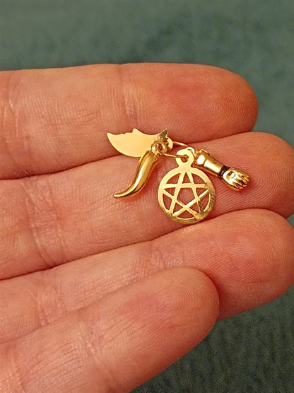 Portuguese Solid Gold Saint Saimon Pendant with 4 Charms Five Pointed Star, Moon, Fig, Horn