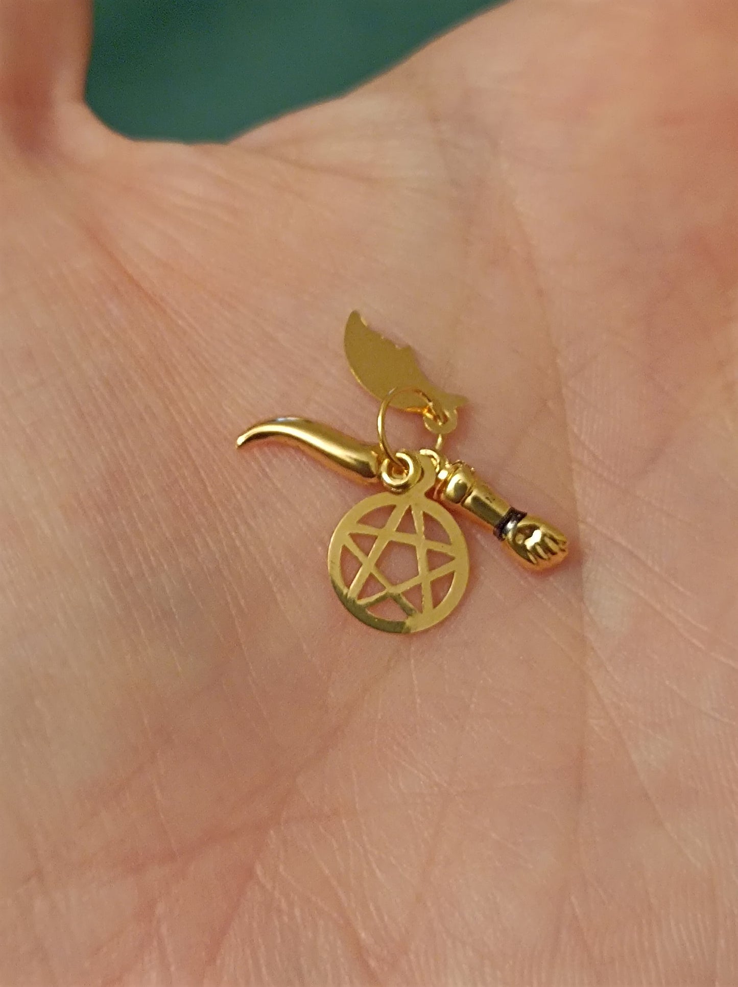 Portuguese Solid Gold Saint Saimon Pendant with 4 Charms Five Pointed Star, Moon, Fig, Horn