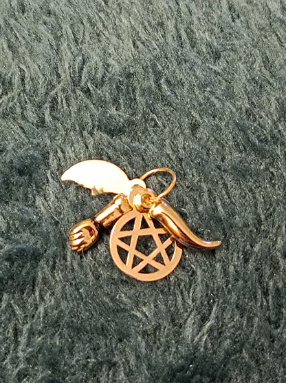 Portuguese Solid Gold Saint Saimon Pendant with 4 Charms Five Pointed Star, Moon, Fig, Horn