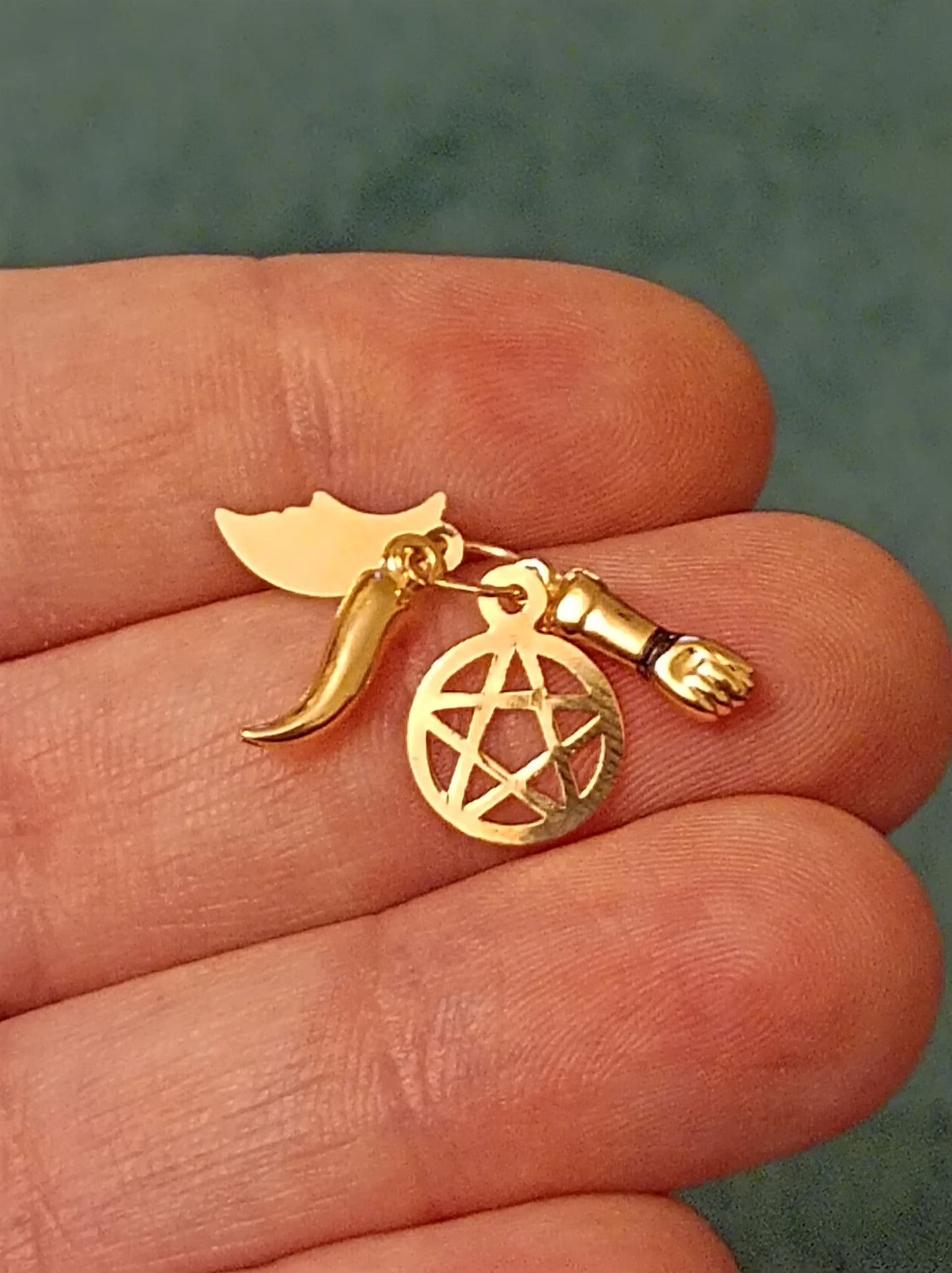 Portuguese Solid Gold Saint Saimon Pendant with 4 Charms Five Pointed Star, Moon, Fig, Horn