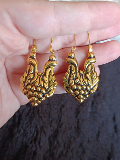 Barroque Grapes and Vines Silver Earrings Gold-plated Handmade Traditional Hoops