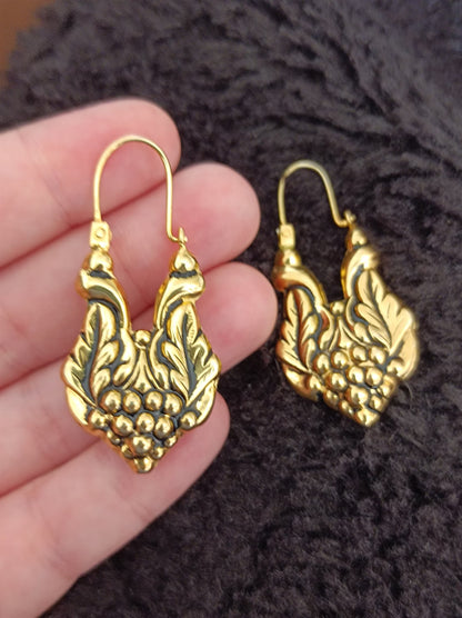 Barroque Grapes and Vines Silver Earrings Gold-plated Handmade Traditional Hoops