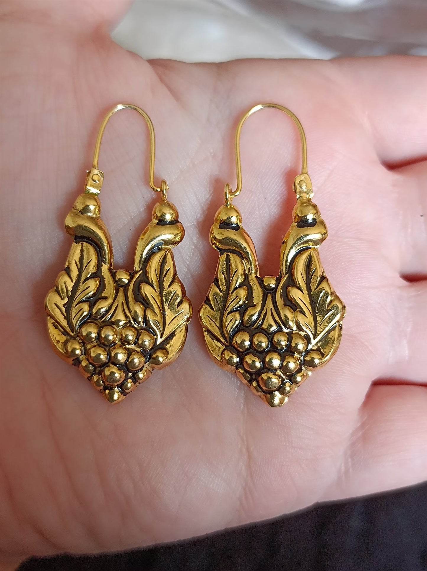 Barroque Grapes and Vines Silver Earrings Gold-plated Handmade Traditional Hoops