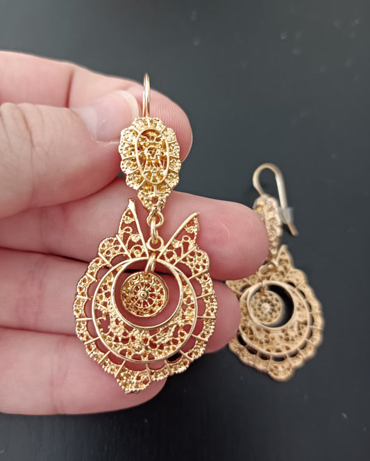 Handmade Portuguese Lowcost Jewelry Golden Metal Queen Maxi Hook Earring Filigree Style