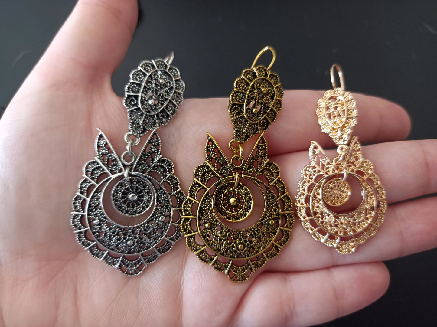 Joias portuguesas de baixo custo feitas à mão em metal dourado brinco maxi gancho estilo filigrana fofo maxi zamak
