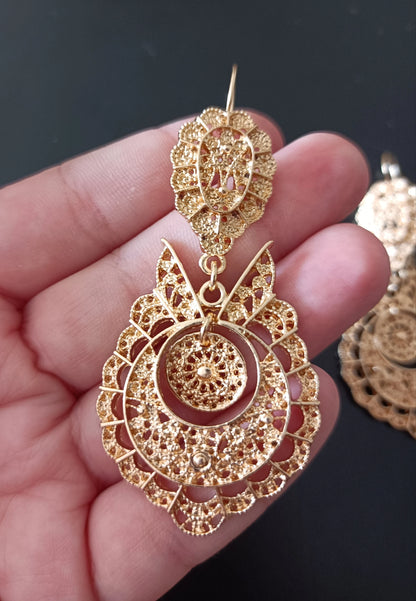 Joias portuguesas de baixo custo feitas à mão em metal dourado brinco maxi gancho estilo filigrana fofo maxi zamak