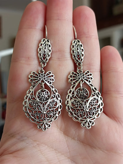 Portuguese Princess Filigree Max Hook Earrings Handmade Silver Metal Jewelry Zamak