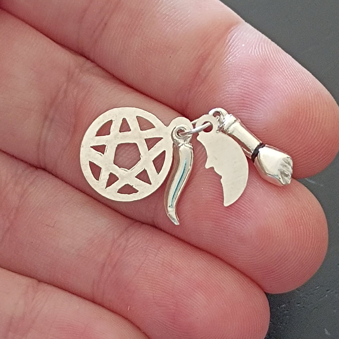 Sterling Silver Saint Saimon Pendant with 4 Charms Five Pointed Star Moon Figa Horn, Talisman for Good Luck and Protection
