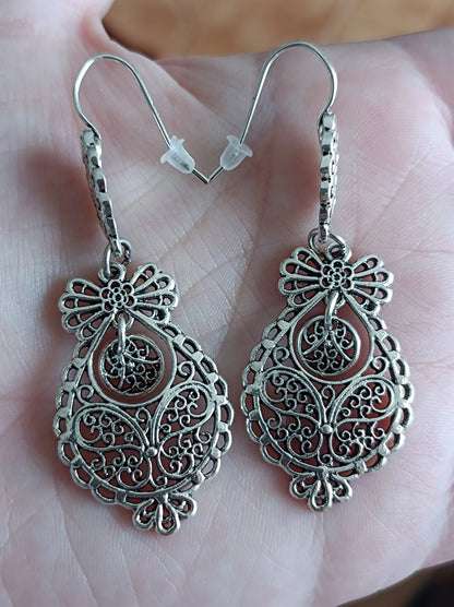 Portuguese Princess Filigree Max Hook Earrings Handmade Silver Metal Jewelry Zamak
