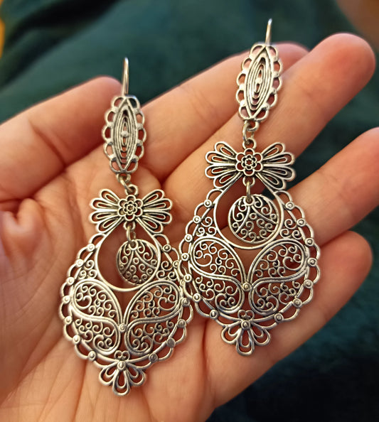Portuguese Princess Filigree Max Hook Earrings Handmade Silver Metal Jewelry Zamak