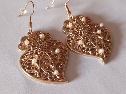 Heart of Viana Golden Filigree Metal Earring with White Pearl Hook Earring  ZAMAK