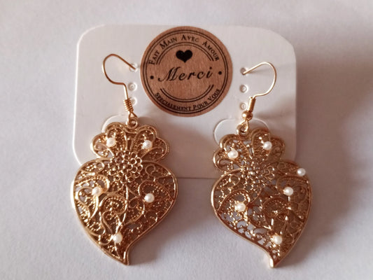 Heart of Viana Golden Filigree Metal Earring with White Pearl Hook Earring  ZAMAK