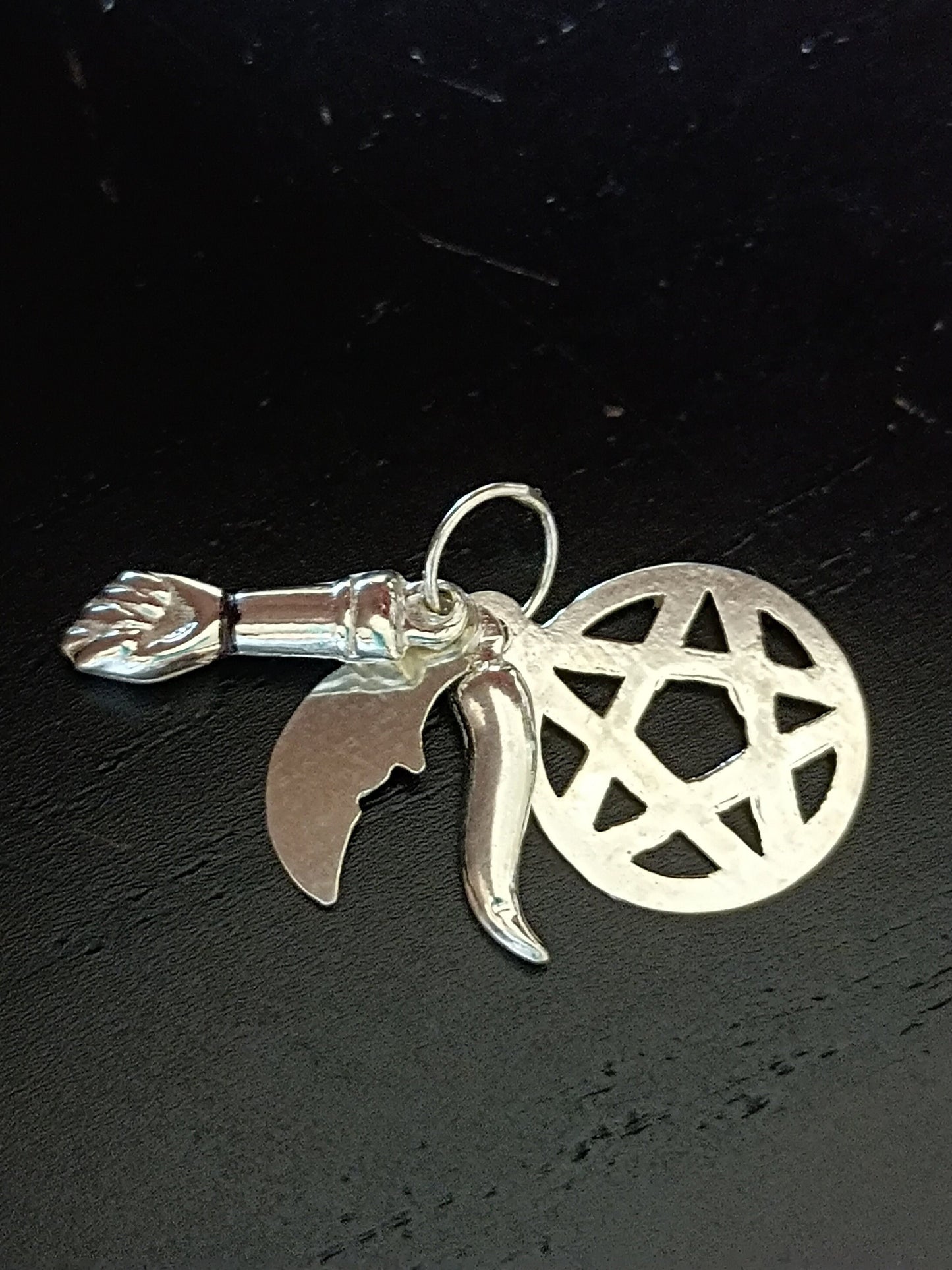 Sterling Silver Saint Saimon Pendant with 4 Charms Five Pointed Star Moon Figa Horn, Talisman for Good Luck and Protection