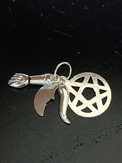 Sterling Silver Saint Saimon Pendant with 4 Charms Five Pointed Star Moon Figa Horn, Talisman for Good Luck and Protection