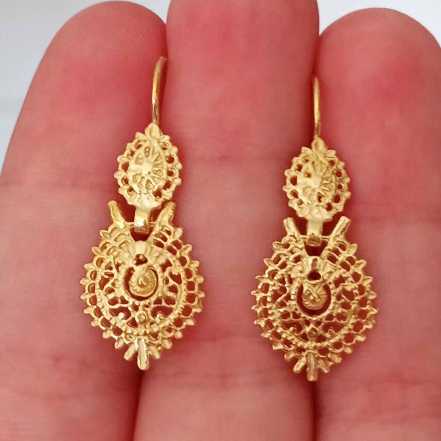 Gold-Vermeil Filigree Queen Earrings Handmade 925 Silver Portuguese Regional Folklore Earrings