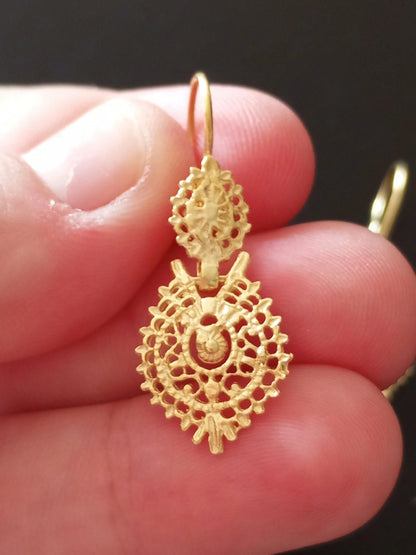 Gold-Vermeil Filigree Queen Earrings Handmade 925 Silver Portuguese Regional Folklore Earrings