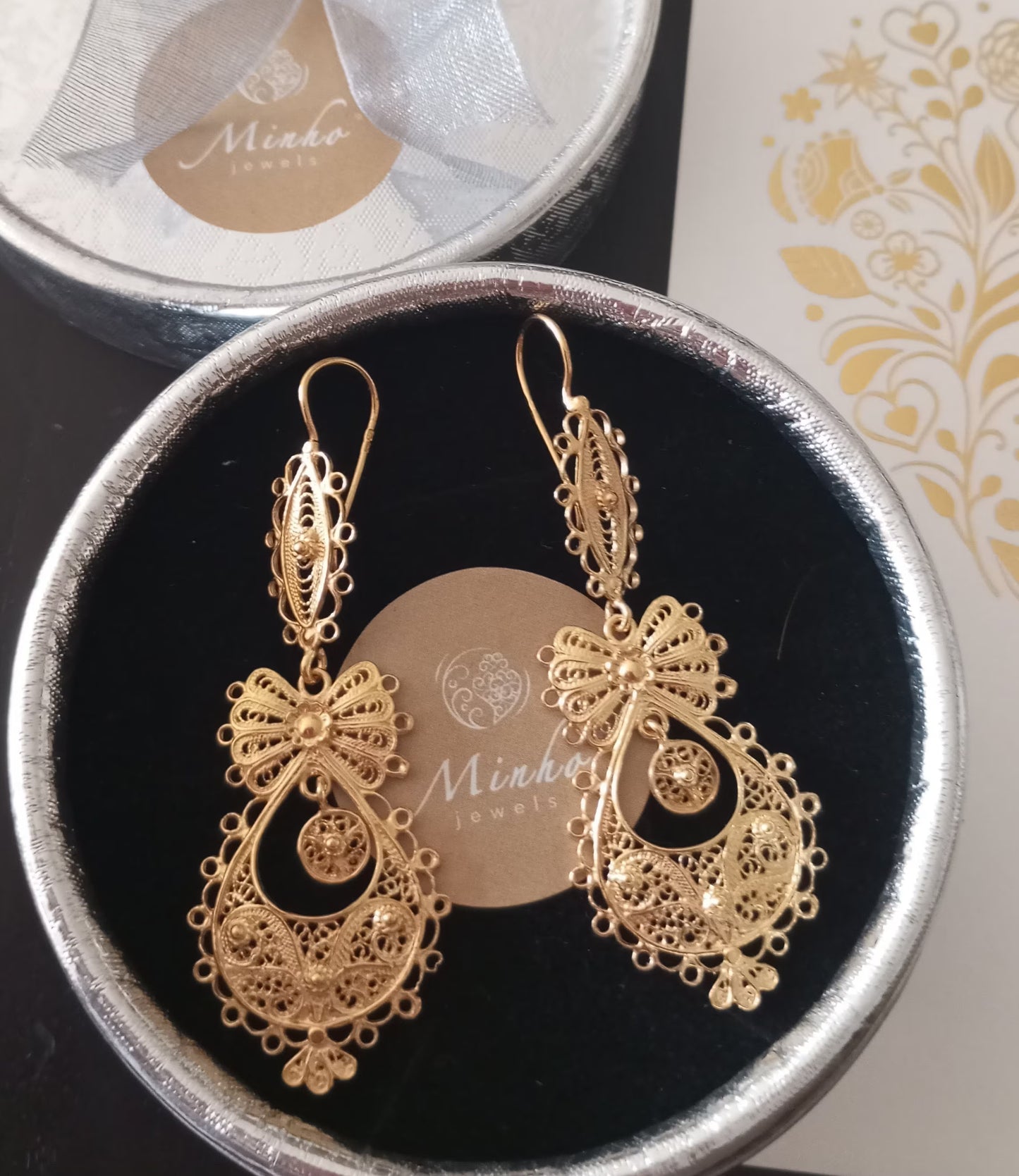 Traditional Portuguese “Princesa” Filigree Earrings in Gold-Vermeil, Medium Size