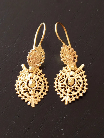 Gold-Vermeil Filigree Queen Earrings Handmade 925 Silver Portuguese Regional Folklore Earrings