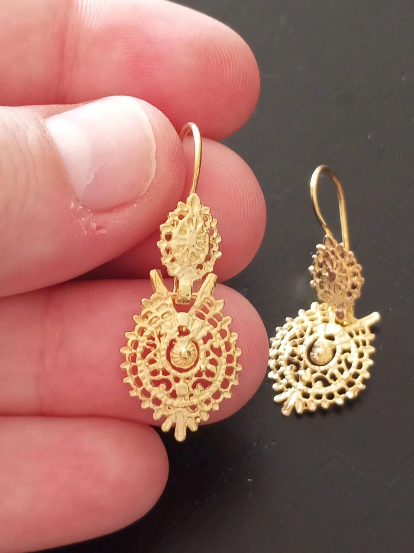 Gold-Vermeil Filigree Queen Earrings Handmade 925 Silver Portuguese Regional Folklore Earrings
