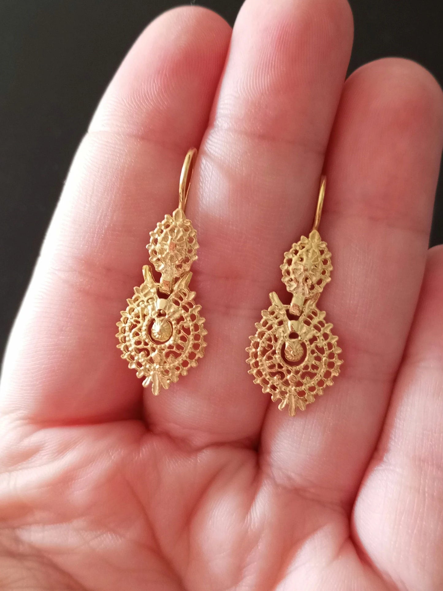 Gold-Vermeil Filigree Queen Earrings Handmade 925 Silver Portuguese Regional Folklore Earrings