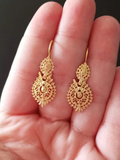 Gold-Vermeil Filigree Queen Earrings Handmade 925 Silver Portuguese Regional Folklore Earrings