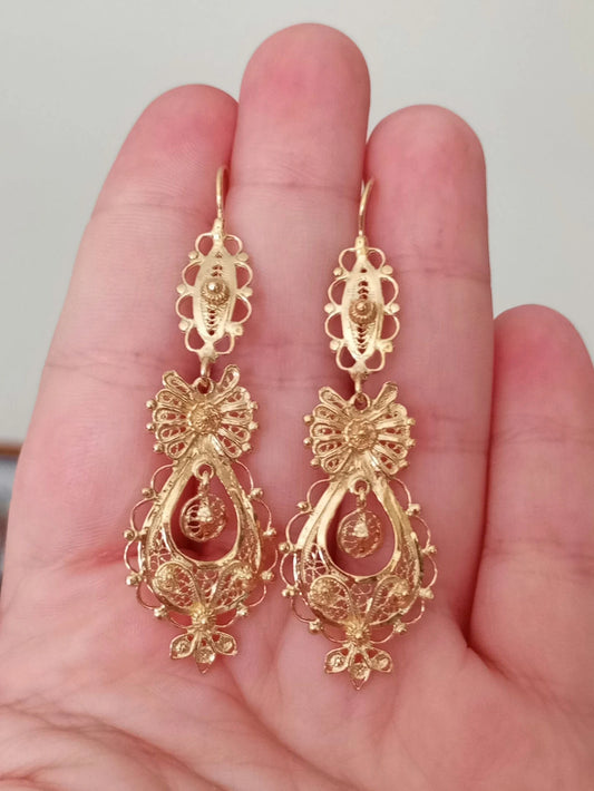 Traditional Portuguese “Princesa” Filigree Earrings in Gold-Vermeil, Medium Size