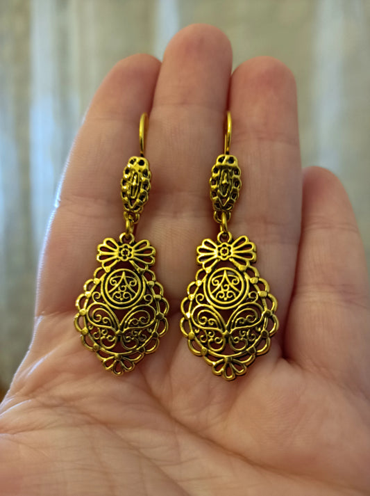 Portuguese Handmade Goldplated Metal Jewelry Princess Filigree Big Earrings  ZAMAK