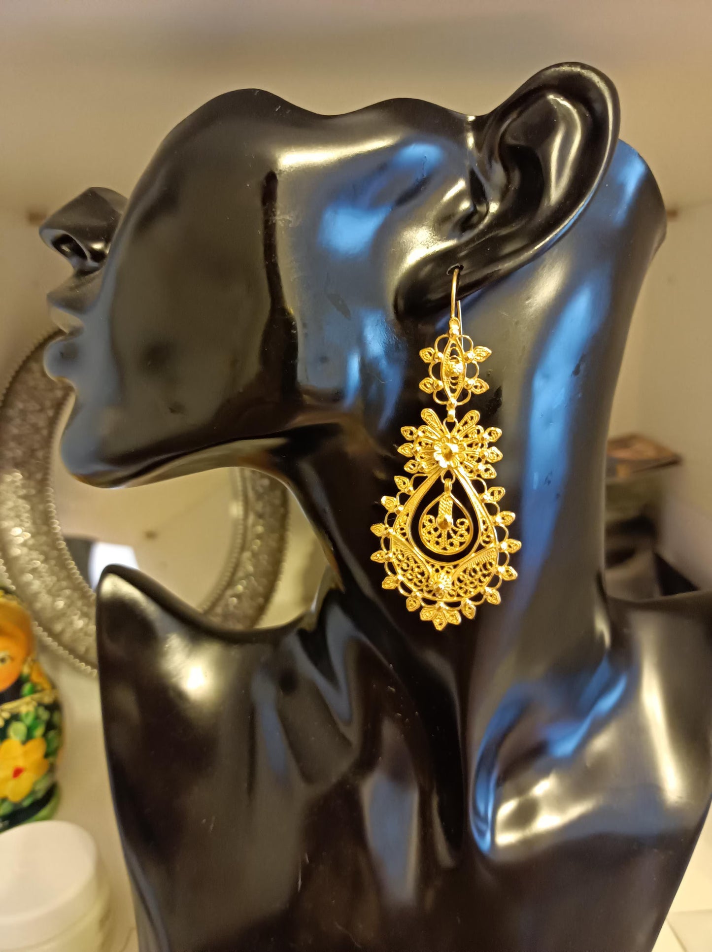 Traditional Portuguese Princess Filigree Earrings in Gold-Vermeil, Maxi Size