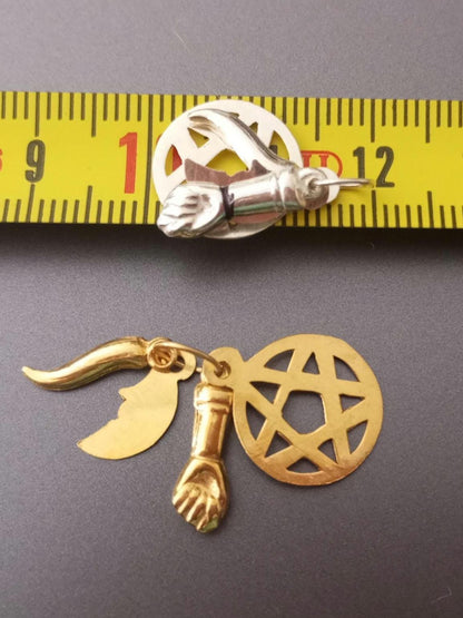 Sterling Silver Saint Saimon Pendant with 4 Charms Five Pointed Star Moon Figa Horn, Talisman for Good Luck and Protection