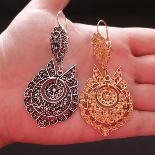 Portuguese Jewelry Lowcost Handmade Golden Metal Queen Maxi Hook Earring Filigree Style Cute Maxi ZAMAK