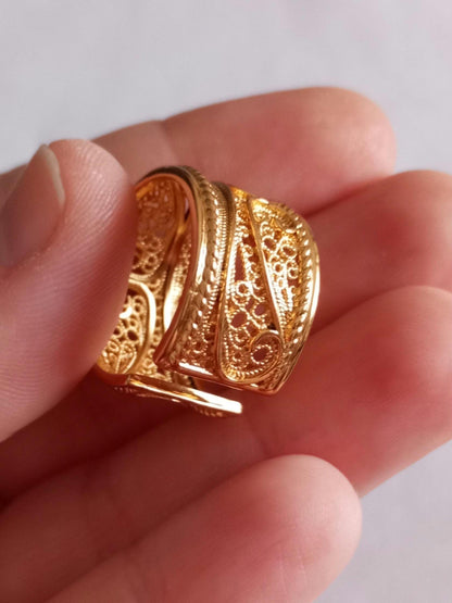 Goldplated Filigree Band Ring Stainless Steel Large Handmade Ring with 24Kts Gold