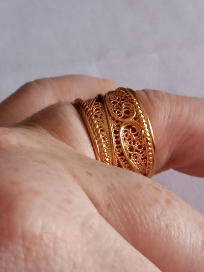 Goldplated Filigree Band Ring Stainless Steel Large Handmade Ring with 24Kts Gold