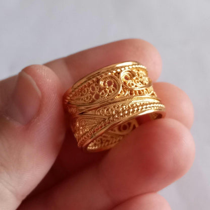 Goldplated Filigree Band Ring Stainless Steel Large Handmade Ring with 24Kts Gold