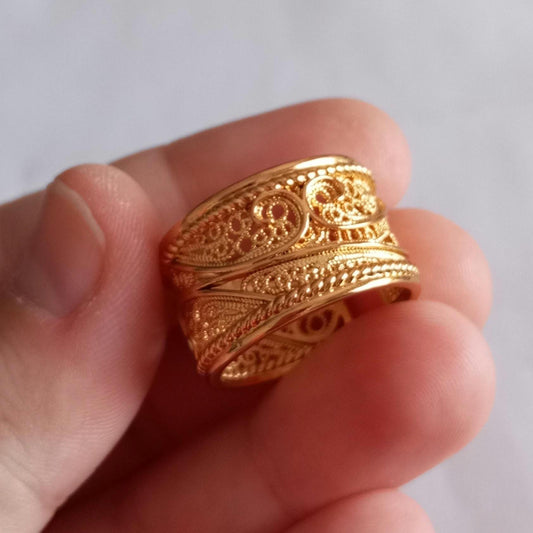 Goldplated Filigree Band Ring Stainless Steel Large Handmade Ring with 24Kts Gold