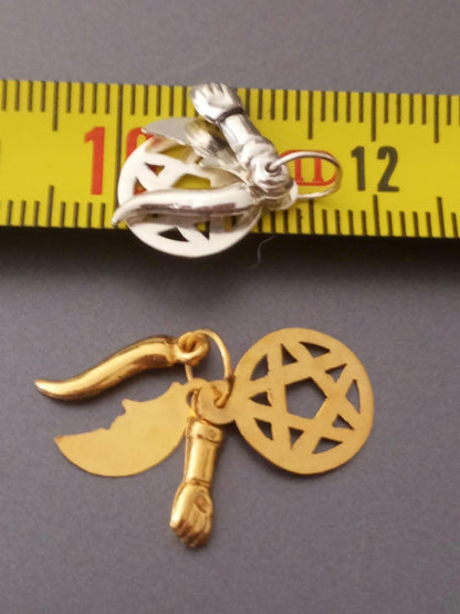 Sterling Silver Saint Saimon Pendant with 4 Charms Five Pointed Star Moon Figa Horn, Talisman for Good Luck and Protection