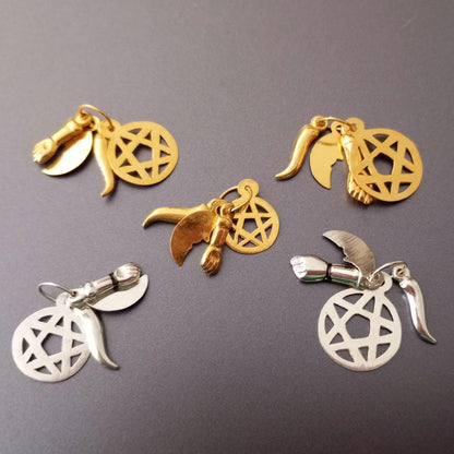 Sterling Silver Saint Saimon Pendant with 4 Charms Five Pointed Star Moon Figa Horn, Talisman for Good Luck and Protection